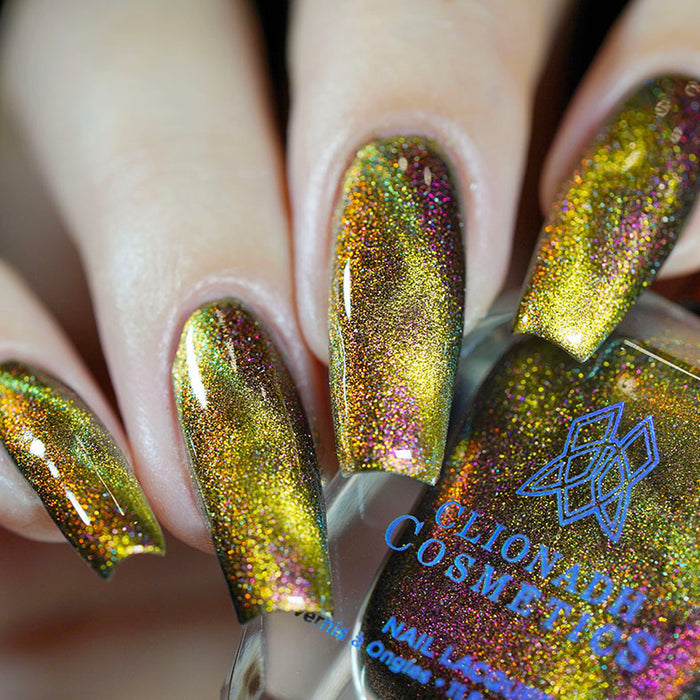 Close up shot of nails done with Hazard Nail Lacquer showing off the magnetic effect on fair skin tone