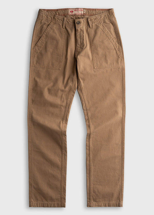 Brown Iron & Resin pants with front pockets and button closure, displayed flat on a white background, showcasing casual style.