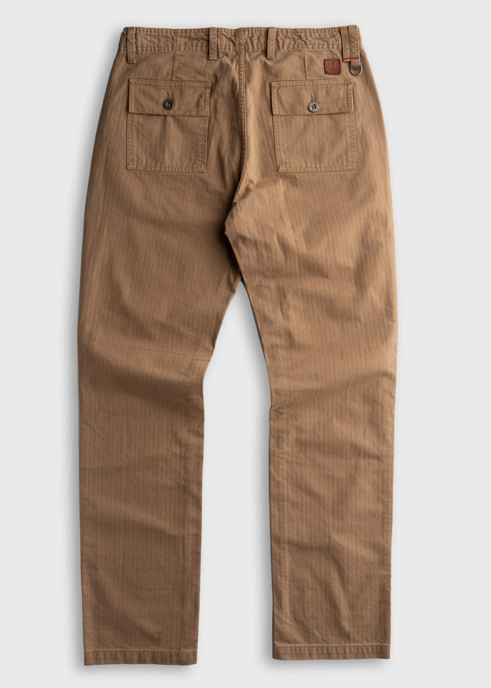 Brown pants with two back pockets and belt loops, displayed on a white background, showcasing casual style and design details.
