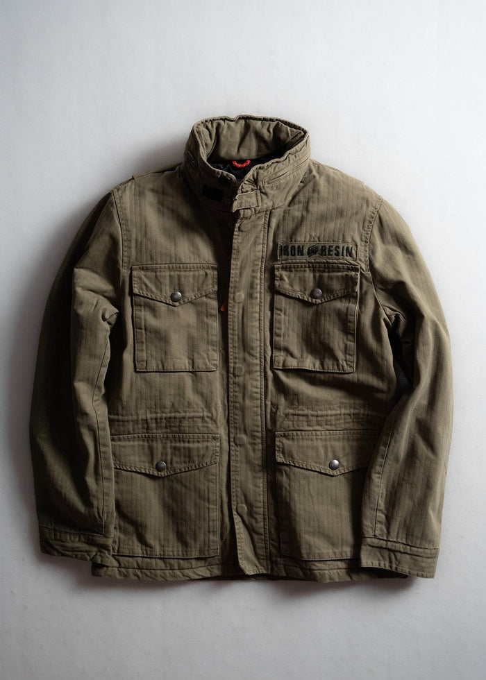 Khaki jacket with "Iron & Resin" logo, four front pockets, and button closures, displayed on a light background.