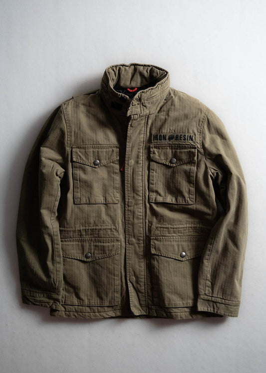 Khaki jacket with "Iron & Resin" logo, four front pockets, and button closures, displayed on a light background.