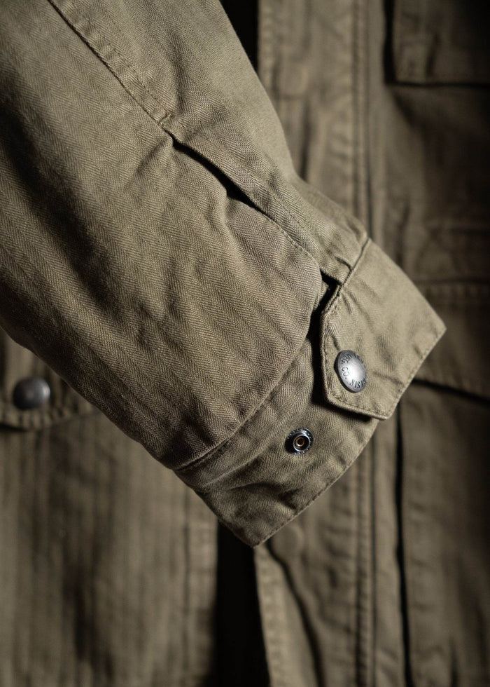 Close-up of a khaki jacket sleeve with a buttoned cuff, highlighting the texture and stitching in soft lighting.