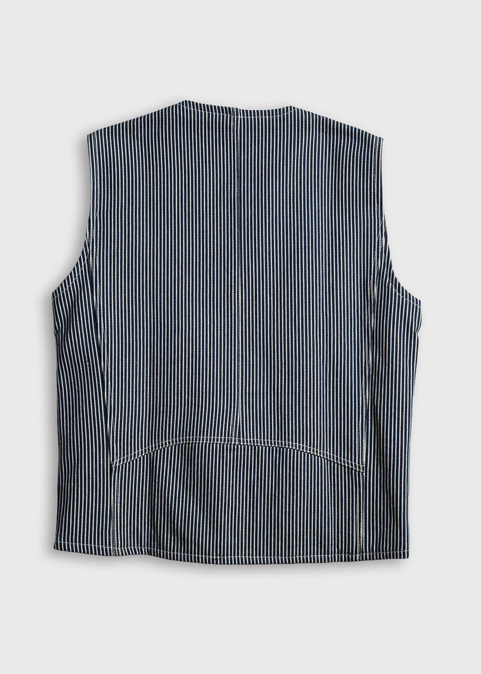 Rear view of a sleeveless, blue and white pinstriped vest on a plain background, showcasing its simple, elegant design.