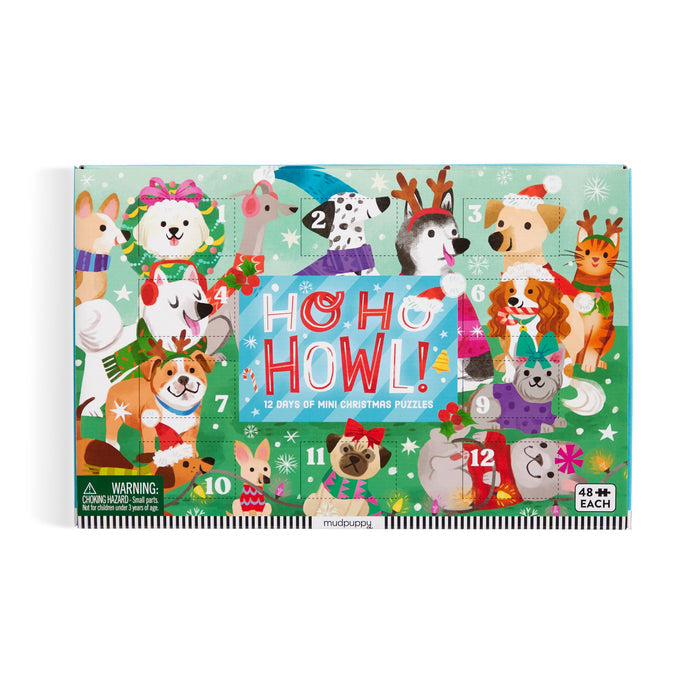 The Kathryn Selbert Ho Ho Howl! Countdown Puzzle Set features 12 festive cartoon dogs and cats on a snowy green backdrop. Numbered for daily mini puzzle fun, it’s a delightful Christmas advent calendar for ages 4 and up.