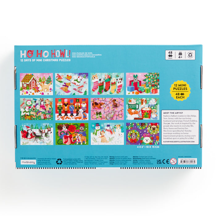Back of a Ho Ho Howl! Countdown Puzzle Set by Kathryn Selbert, featuring 12 colorful holiday dog puzzles with stockings, gifts, festive scenes—plus description and instructions for mini puzzle family fun.