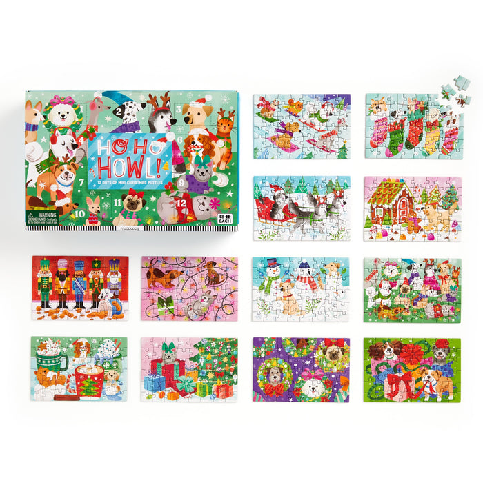 Enjoy Kathryn Selbert’s Ho Ho Howl! Countdown Puzzle Set—12 mini puzzles featuring festive dogs and cats, packaged in a cheerful box. The perfect family activity for holiday fun!.