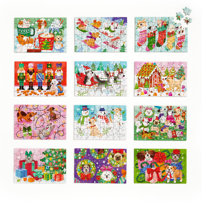 The Ho Ho Howl! Countdown Puzzle Set by Kathryn Selbert features twelve completed, colorful holiday-themed jigsaws with festive images like stockings, nutcrackers, snowmen, presents, and dogs—plus three pieces apart in the top right corner.