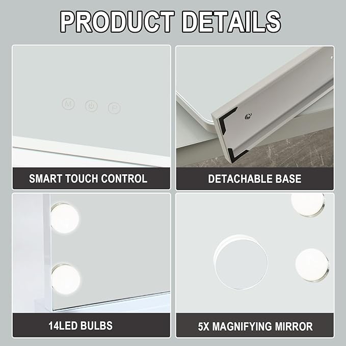 Hollywood LED Lighted Vanity| Makeup Mirror | Large Light Up Makeup Mirror with 14 Dimmable LED Bulbs 3 Lighting Modes | Touch Screen Control Tabletop | USB charging point | Wall Mounted Mirror for Dressing Table