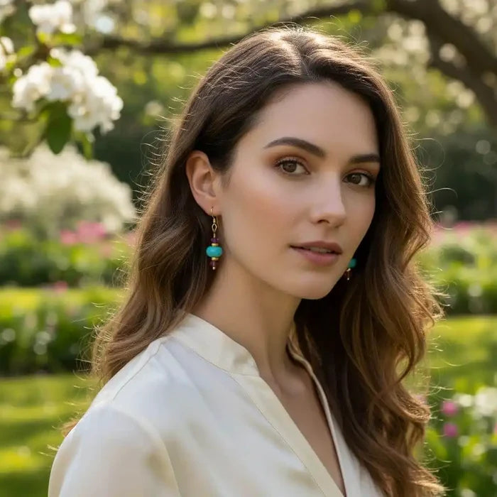 Hot Pink and Turquoise Gemstone14 K Gold Filled Earrings worn by a model in a garden setting.