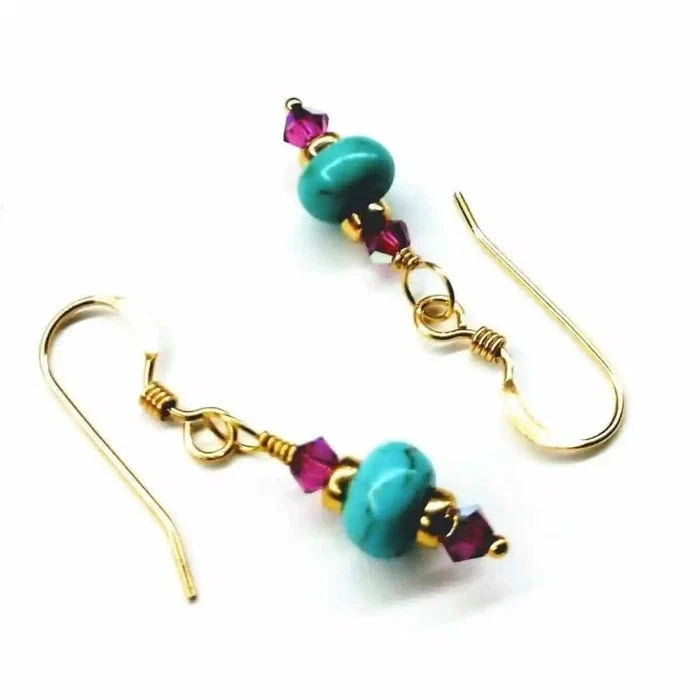 Hot Pink and Turquoise Gemstone14 K Gold Filled Earrings featuring turquoise roundels and hot pink Swarovski crystals.