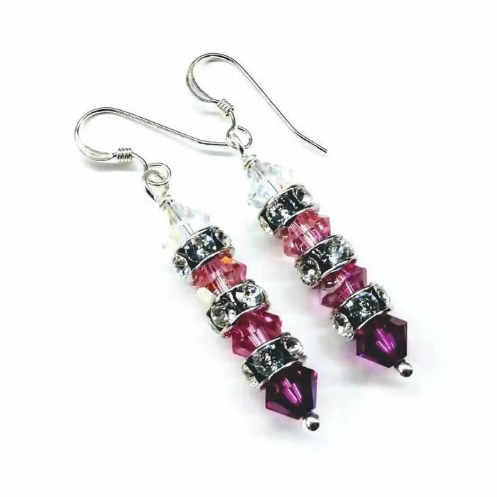 Hot Pink Ombre Stacked Crystal Sterling Silver Earrings featuring sparkling Swarovski crystals in a stunning gradient design.