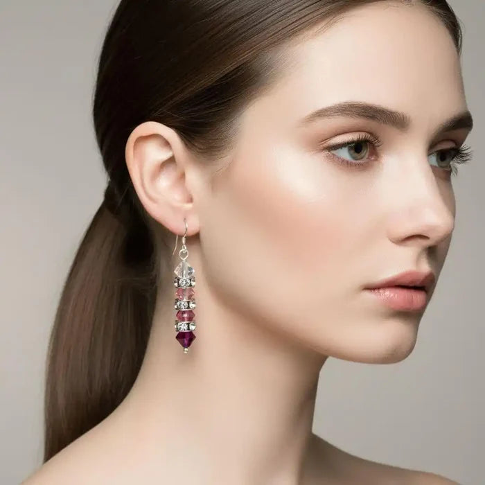 Hot Pink Ombre Stacked Crystal Sterling Silver Earrings worn by a model showing a side profile.