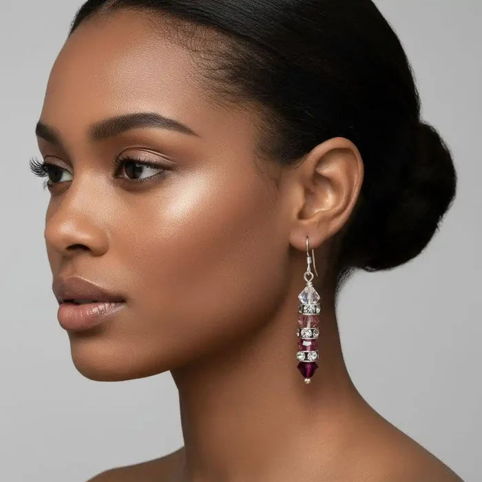 Hot Pink Ombre Stacked Crystal Sterling Silver Earrings worn by a model, showcasing their sparkle and elegance.