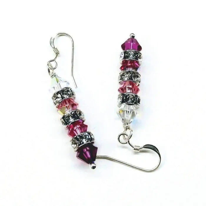 Hot Pink Ombre Stacked Crystal Sterling Silver Earrings showcasing a sparkling gradient of Swarovski crystals.