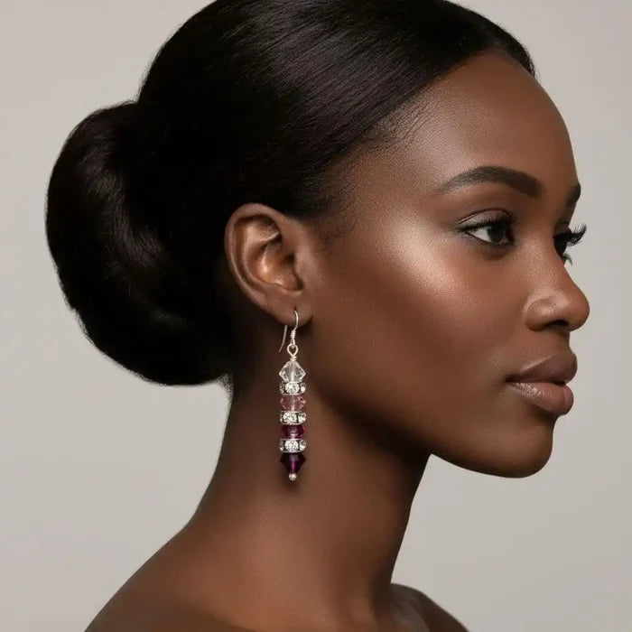 Hot Pink Ombre Stacked Crystal Sterling Silver Earrings showcasing a model's profile and elegant design.