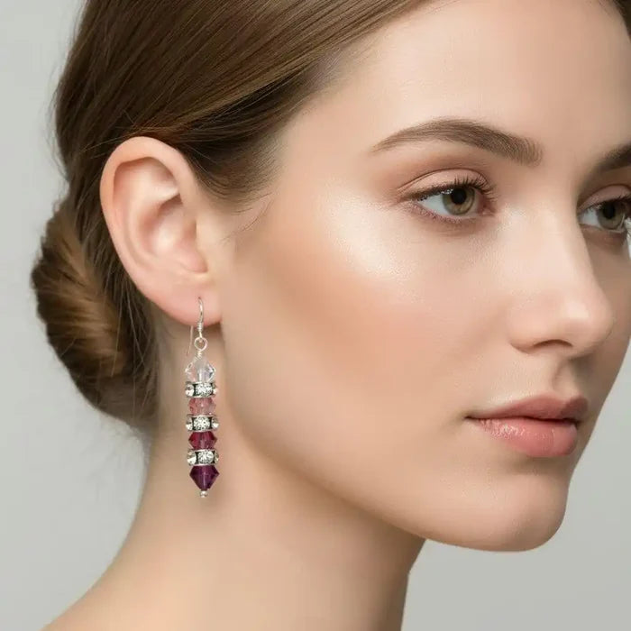 Hot Pink Ombre Stacked Crystal Sterling Silver Earrings worn by a model showcasing their stunning sparkle and design.