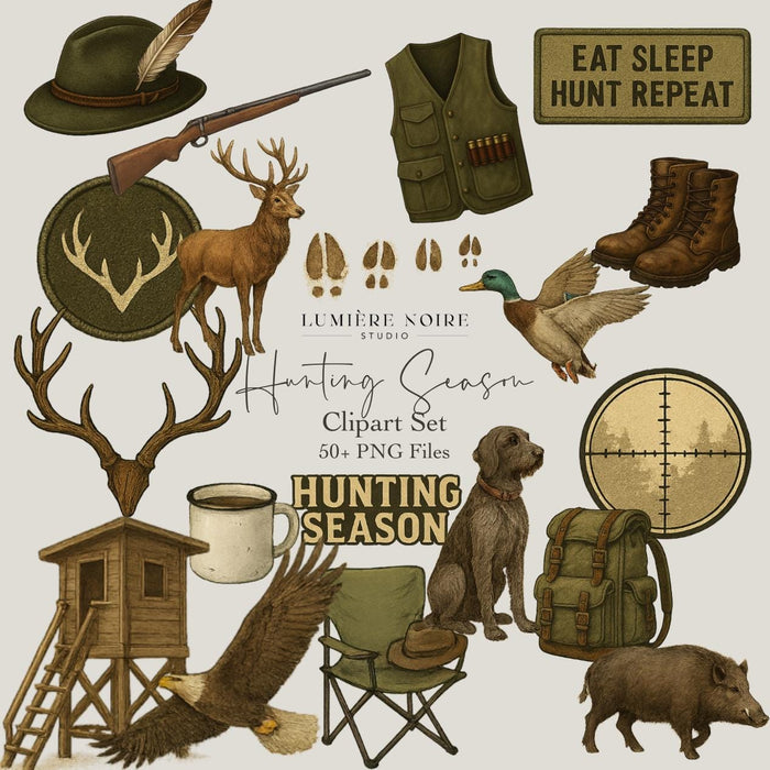 Hunting Season – Rustic Clipart Set (50+ PNGs) | Digital Download with Master Resell Rights