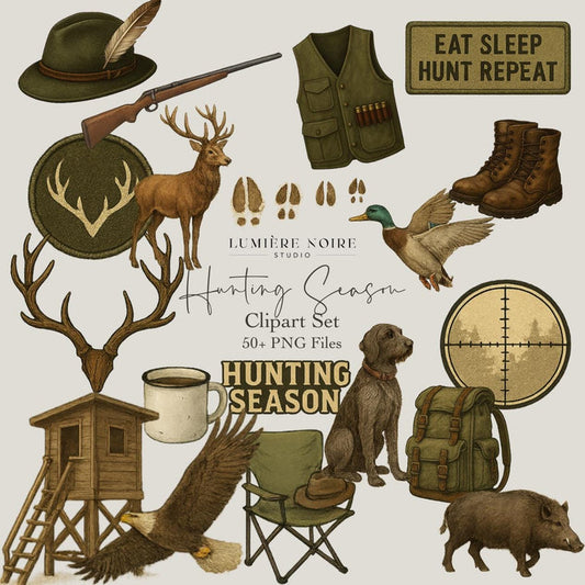 Hunting Season – Rustic Clipart Set (50+ PNGs) | Digital Download with Master Resell Rights