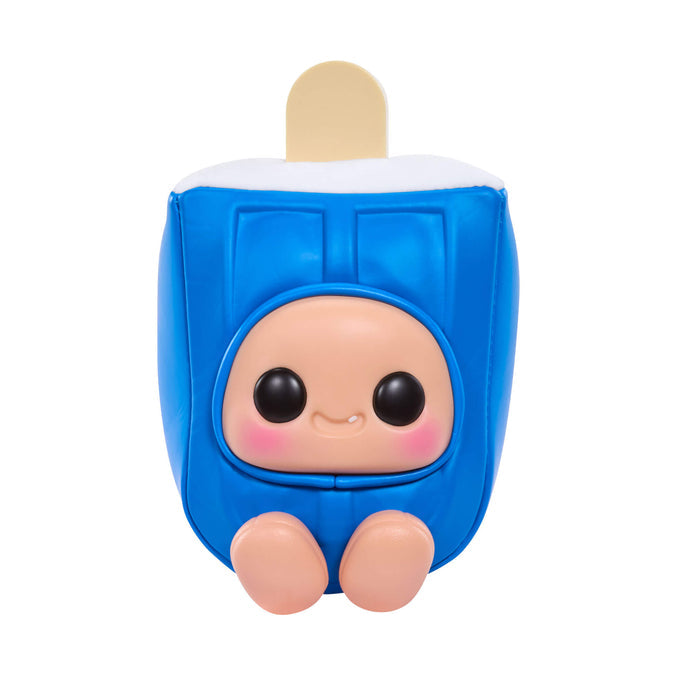Toy resembling a blue ice cream bar with a face on a white background