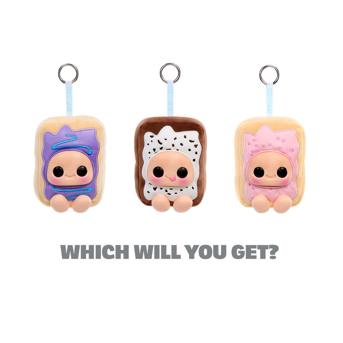 Three cute character keychains shaped like Pop Tarts on a white background with text 'WHICH WILL YOU GET?'.