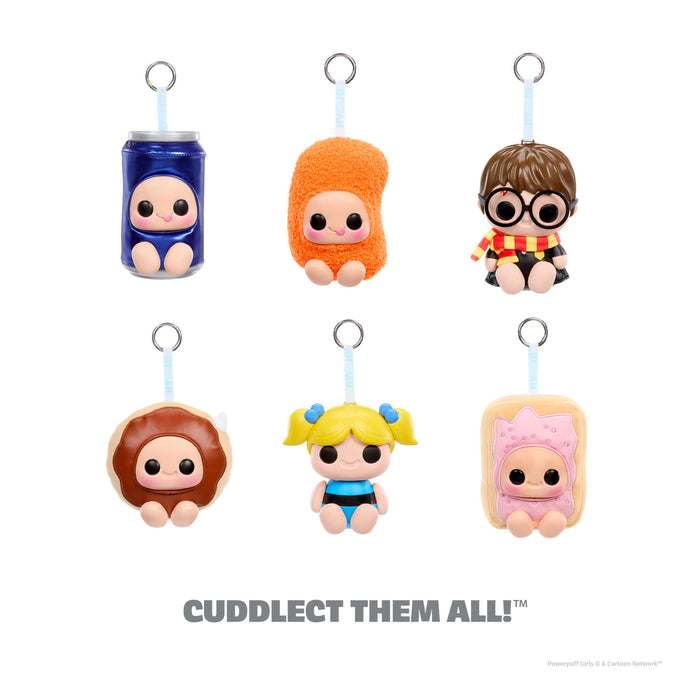 Set of six small character figurines hanging from keychains on a white background.