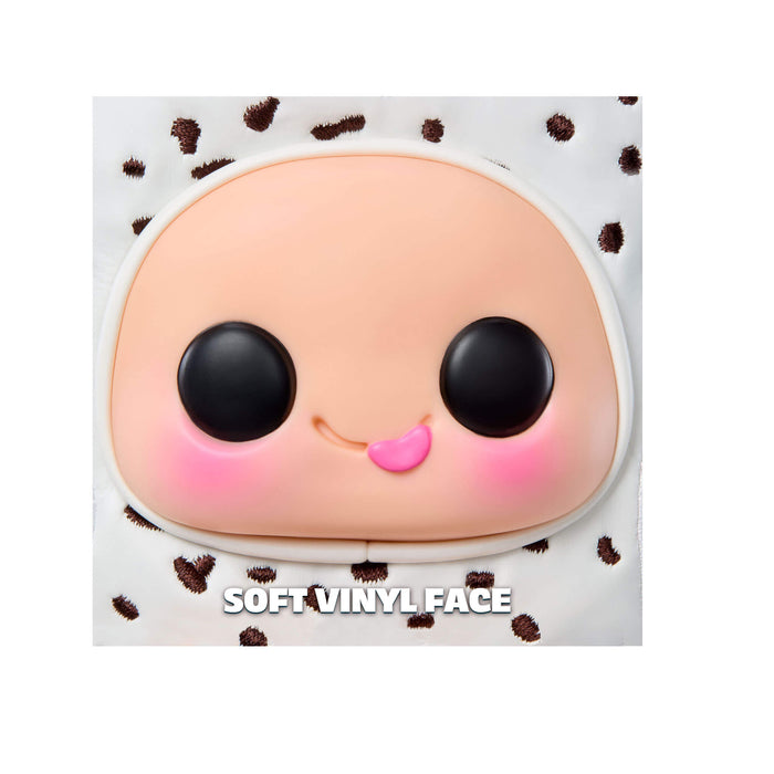 Cute cartoon face with black eyes and pink cheeks on a white background with brown spots, labeled 'Soft Vinyl Face'.