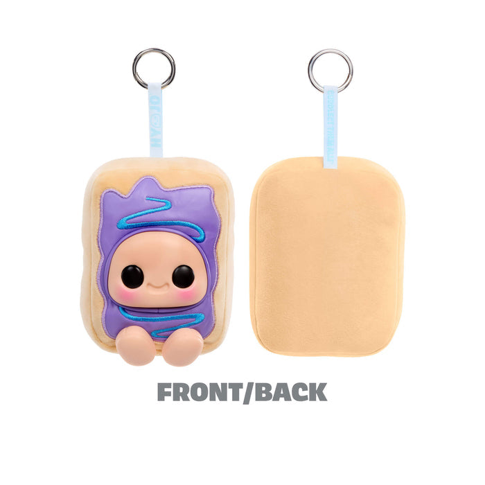 Two views of a cute character keychain with a purple and beige body on a white background.