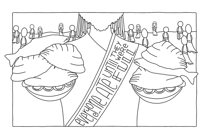 "Everyone ate until they were full" coloring page B&W simplified