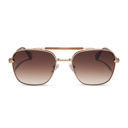 diff eyewear x stephen wilson jr. i'm a song navigator sunglasses with a gold metal frame and brown gradient lenses front view