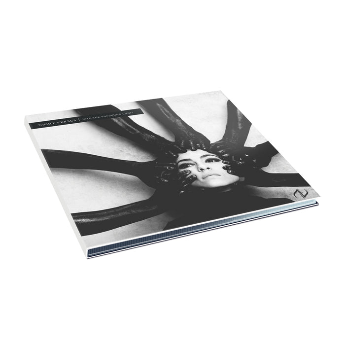 Square CD with an image of a woman's face. There are hands with black gloves on reaching at her face from all directions. In the top left corner there is text that says NIGHT VERSES INTO THE VANISHING LIGHT.