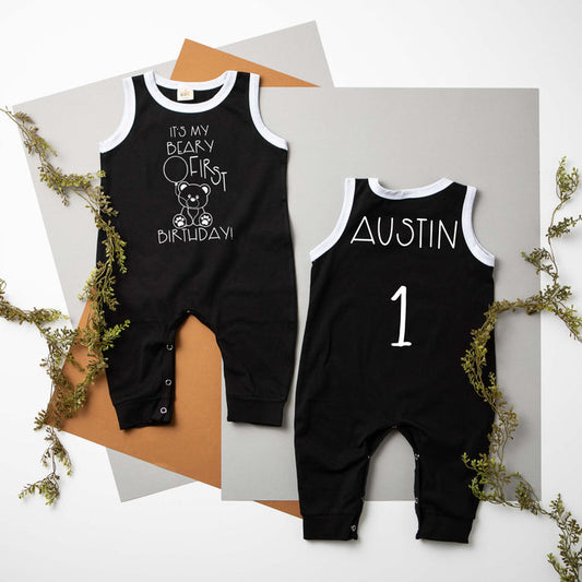 "It's My Beary First Birthday" Teddy Bear Ringed Romper