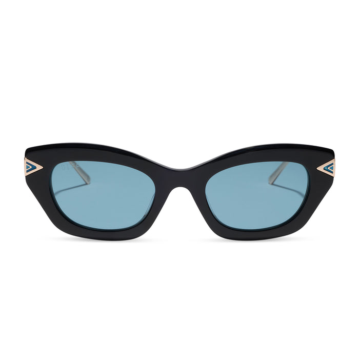 diff eyewear x disney princess featuring the jasmine 2.0 cateye sunglasses with a black acetate frame and teal lenses front view