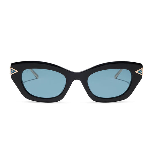 diff eyewear x disney princess featuring the jasmine 2.0 cateye sunglasses with a black acetate frame and teal lenses front view
