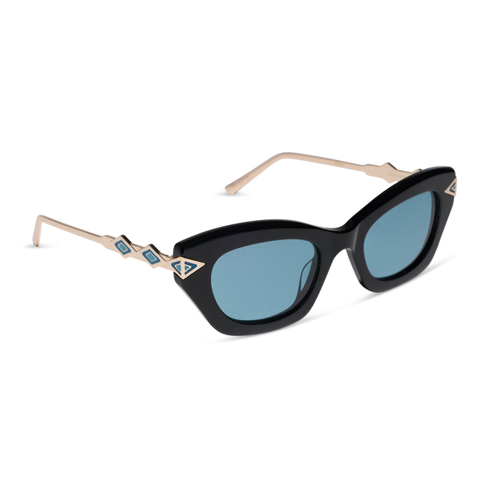 diff eyewear x disney princess featuring the jasmine 2.0 cateye sunglasses with a black acetate frame and teal lenses angled view
