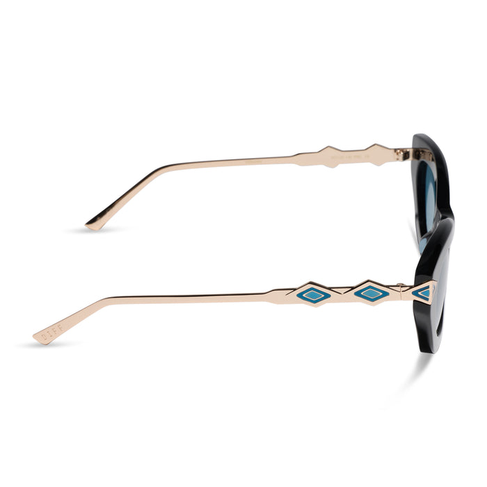 diff eyewear x disney princess featuring the jasmine 2.0 cateye sunglasses with a black acetate frame and teal lenses side view