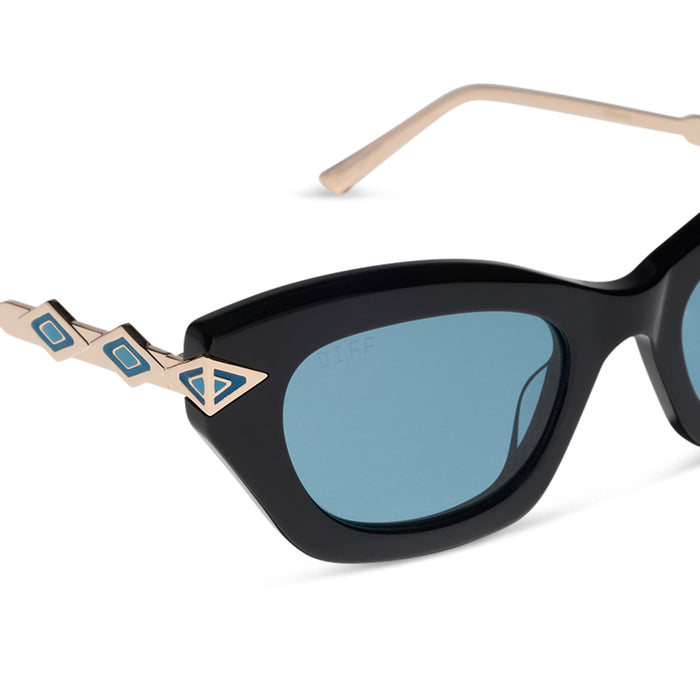 diff eyewear x disney princess featuring the jasmine 2.0 cateye sunglasses with a black acetate frame and teal lenses detailed view