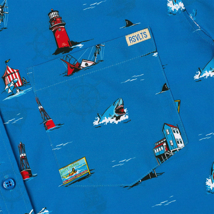 RSVLTS Jaws Short Sleeve Shirt Jaws 50th Anniversary "Swim at Your Own Risk" – KUNUFLEX Short Sleeve Shirt Jaws 50th Anniversary "Swim at Your Own Risk" – KUNUFLEX Short Sleeve Shirt