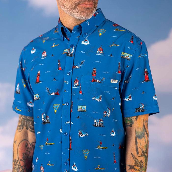 RSVLTS Jaws Short Sleeve Shirt Jaws 50th Anniversary "Swim at Your Own Risk" – KUNUFLEX Short Sleeve Shirt Jaws 50th Anniversary "Swim at Your Own Risk" – KUNUFLEX Short Sleeve Shirt