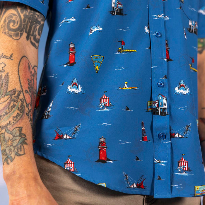 RSVLTS Jaws Short Sleeve Shirt Jaws 50th Anniversary "Swim at Your Own Risk" – KUNUFLEX Short Sleeve Shirt Jaws 50th Anniversary "Swim at Your Own Risk" – KUNUFLEX Short Sleeve Shirt