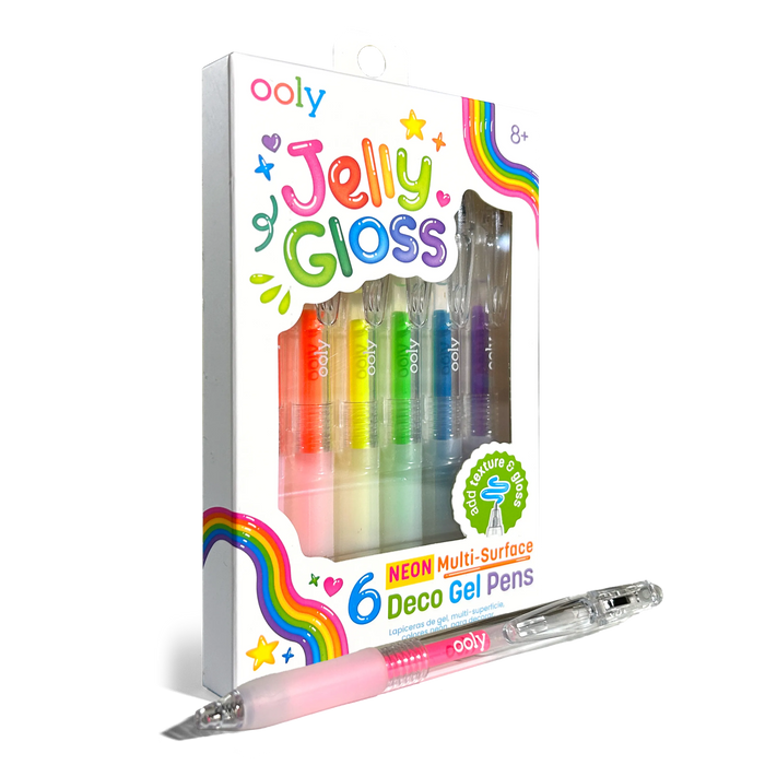 Quarter angle of packaging and pen of OOLY Jelly Gloss Neon Multi-Surface Deco Gel Pens