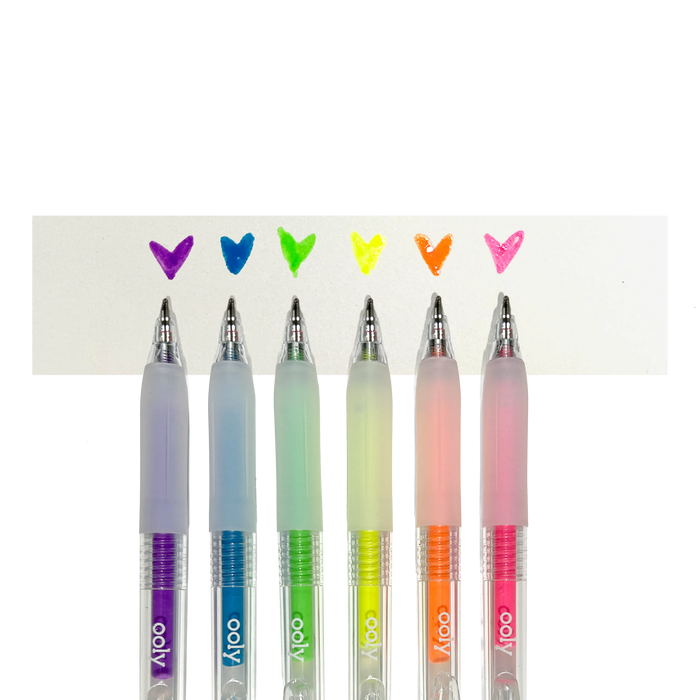 Row of OOLY Jelly Gloss Neon Multi-Surface Deco Gel Pens with colored heart swatches