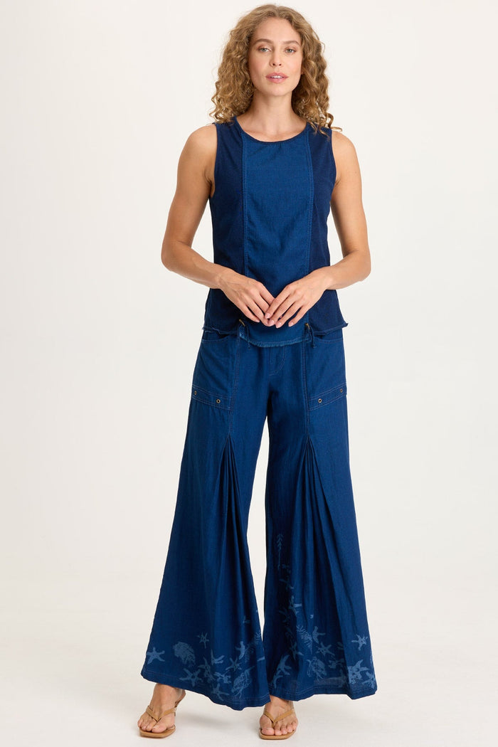 XCVI Jerona Printed Indigo Pleated Wide Leg