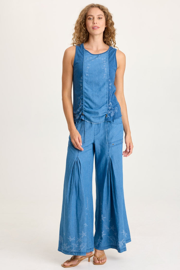 XCVI Jerona Printed Indigo Pleated Wide Leg