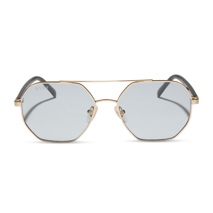 jojo fletcher x diff eyewear joelle navigator sunglasses with a gold metal and chocolate crystal temples with grey tinted lenses front view