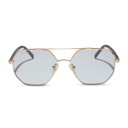 jojo fletcher x diff eyewear joelle navigator sunglasses with a gold metal and chocolate crystal temples with grey tinted lenses front view