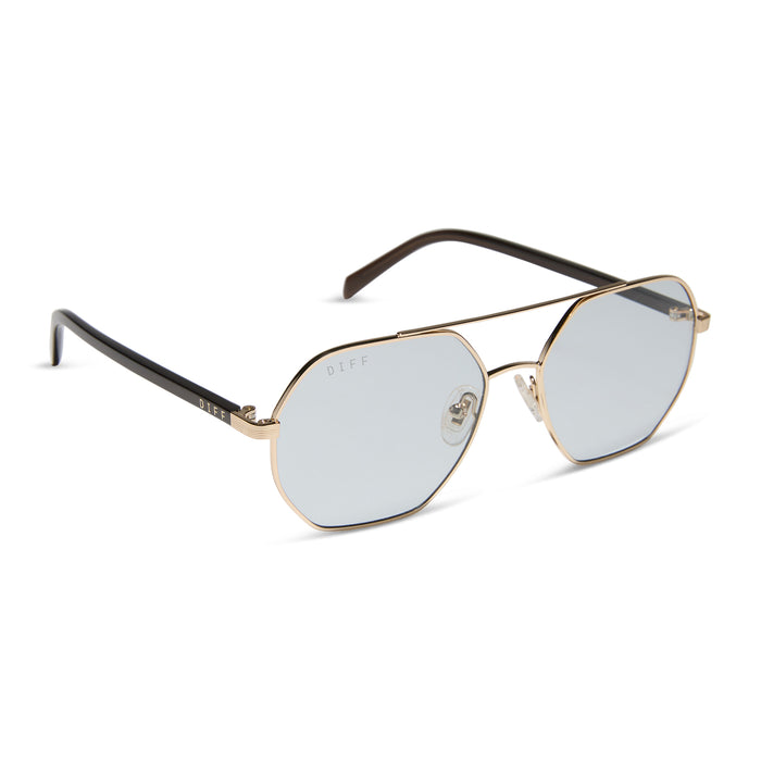 jojo fletcher x diff eyewear joelle navigator sunglasses with a gold metal and chocolate crystal temples with grey tinted lenses angled view