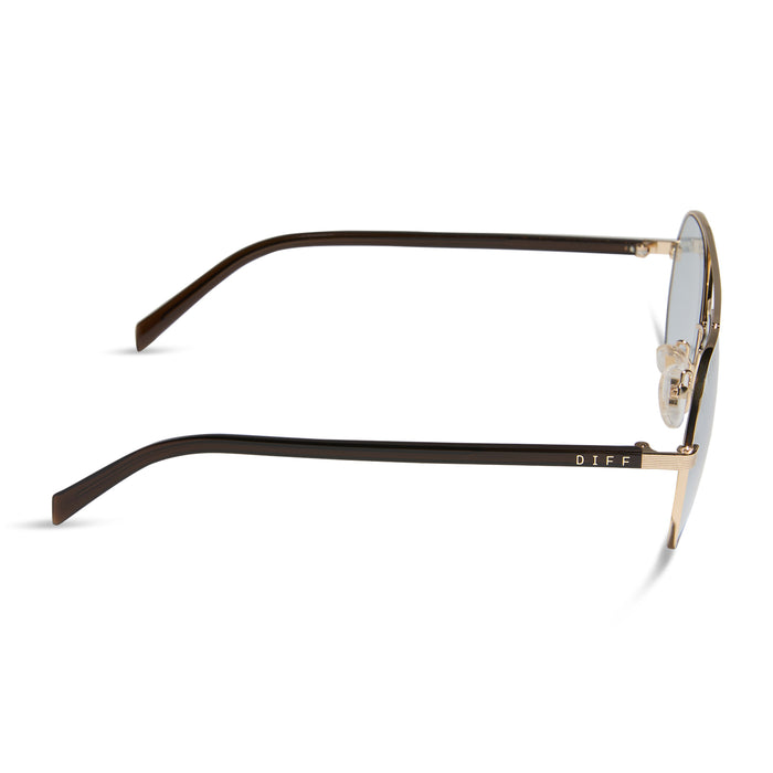 jojo fletcher x diff eyewear joelle navigator sunglasses with a gold metal and chocolate crystal temples with grey tinted lenses side view