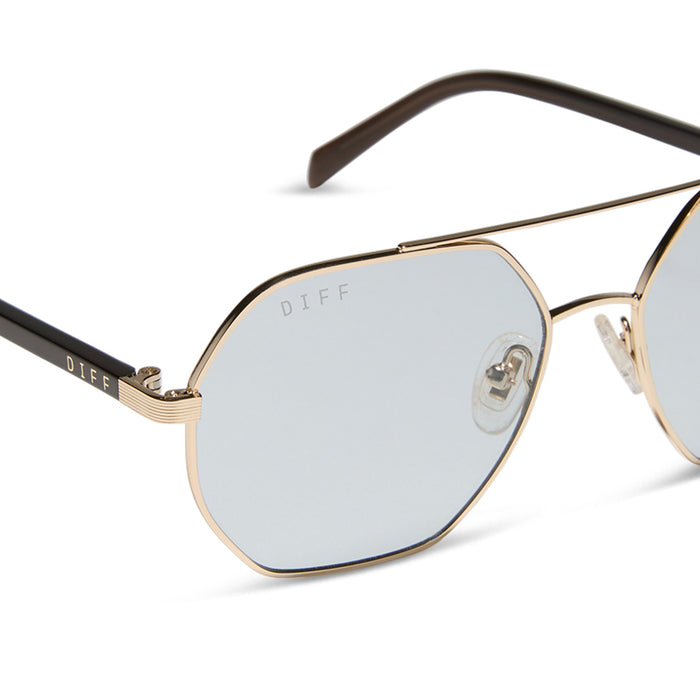 jojo fletcher x diff eyewear joelle navigator sunglasses with a gold metal and chocolate crystal temples with grey tinted lenses detailed view
