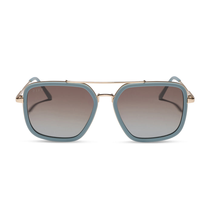 diff eyewear jordan navigator sunglasses with a dew drop and gold frame with cocoa powder to baby blue gradient lenses front view