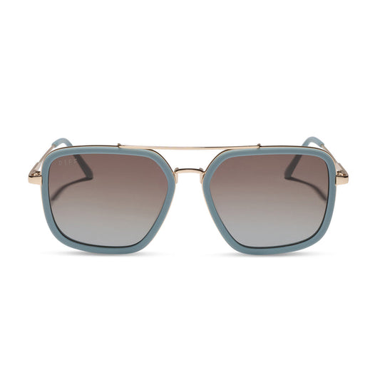 diff eyewear jordan navigator sunglasses with a dew drop and gold frame with cocoa powder to baby blue gradient lenses front view